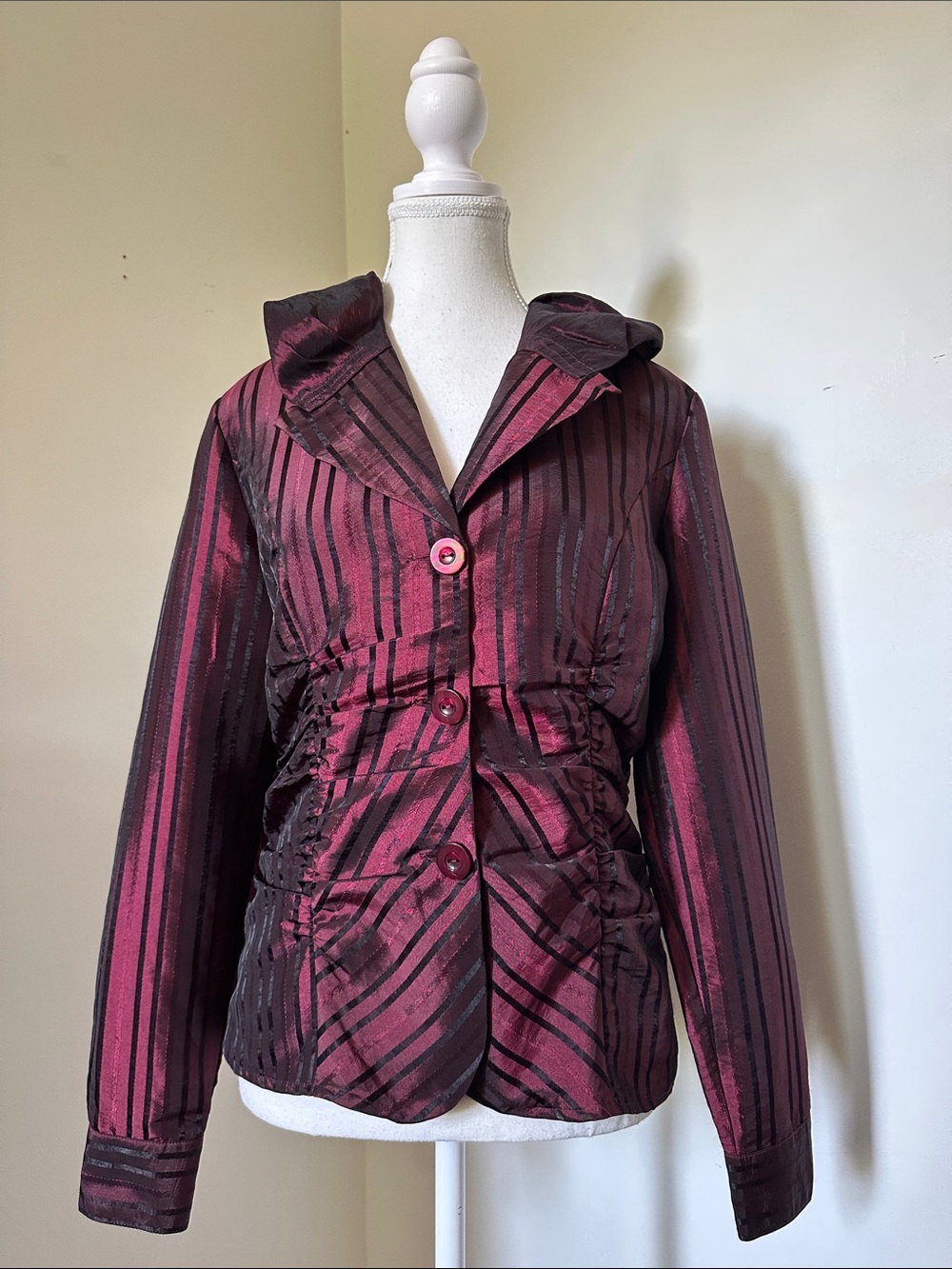 PULI Vintage Red Iridescent Striped Puff Collar Cinched Vamp Goth Blouse Sz 6